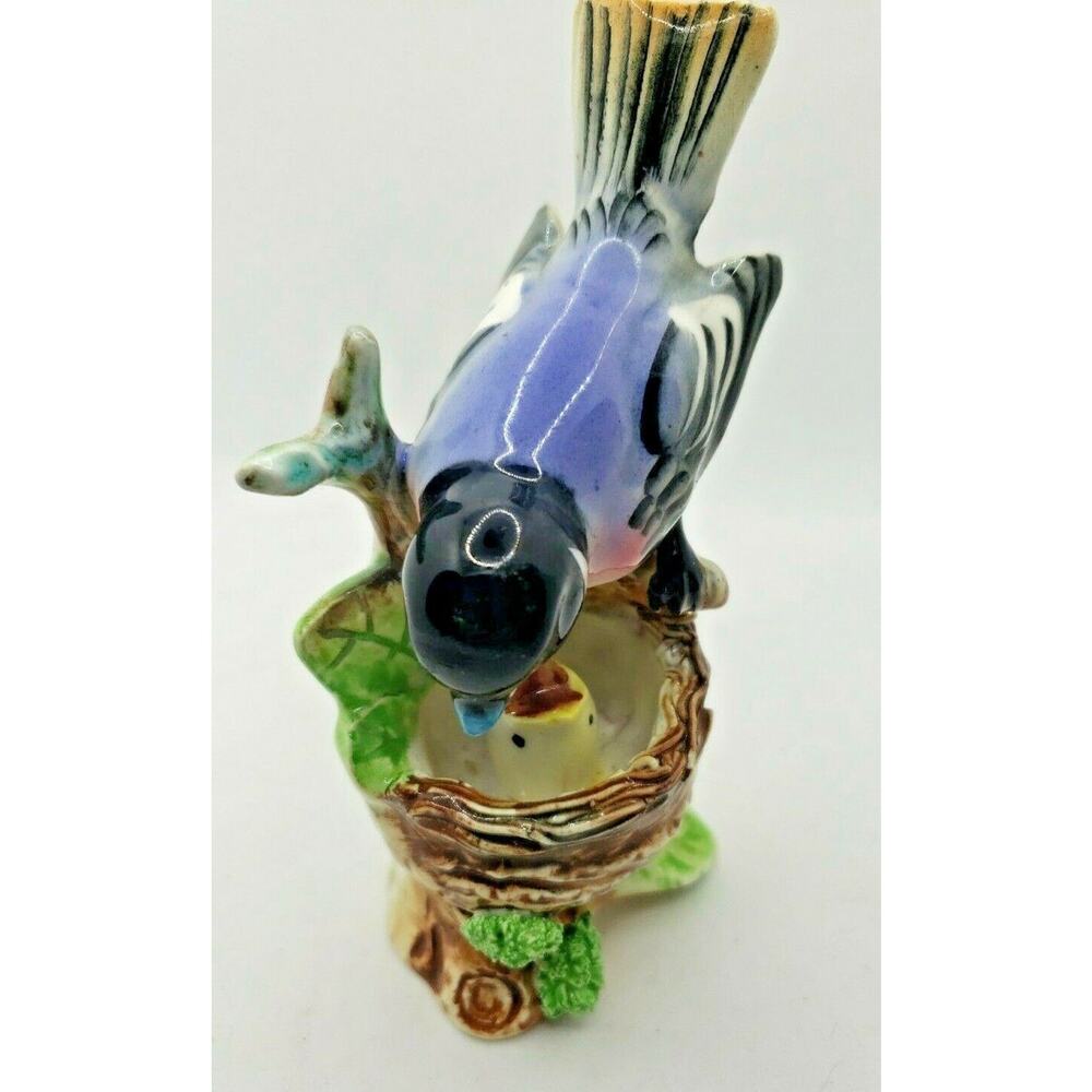 1950's Ceramic Chickadee Feed Baby Bird Nest Figurine Hand Painted‎ Japan NOS